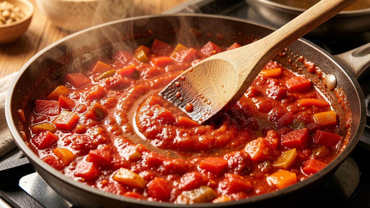 Spiced tomato and pepper sauce simmering and thickening in a skillet