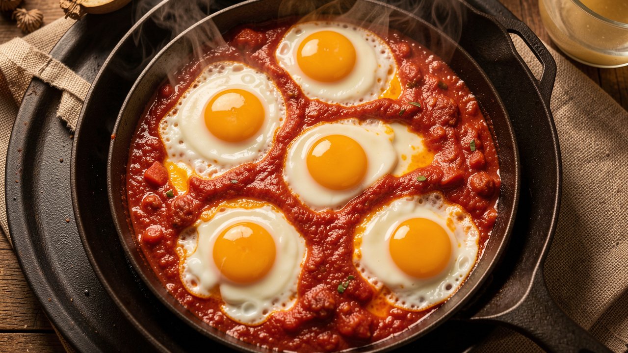 Eggs poaching in wells of thick spiced tomato sauce in a skillet