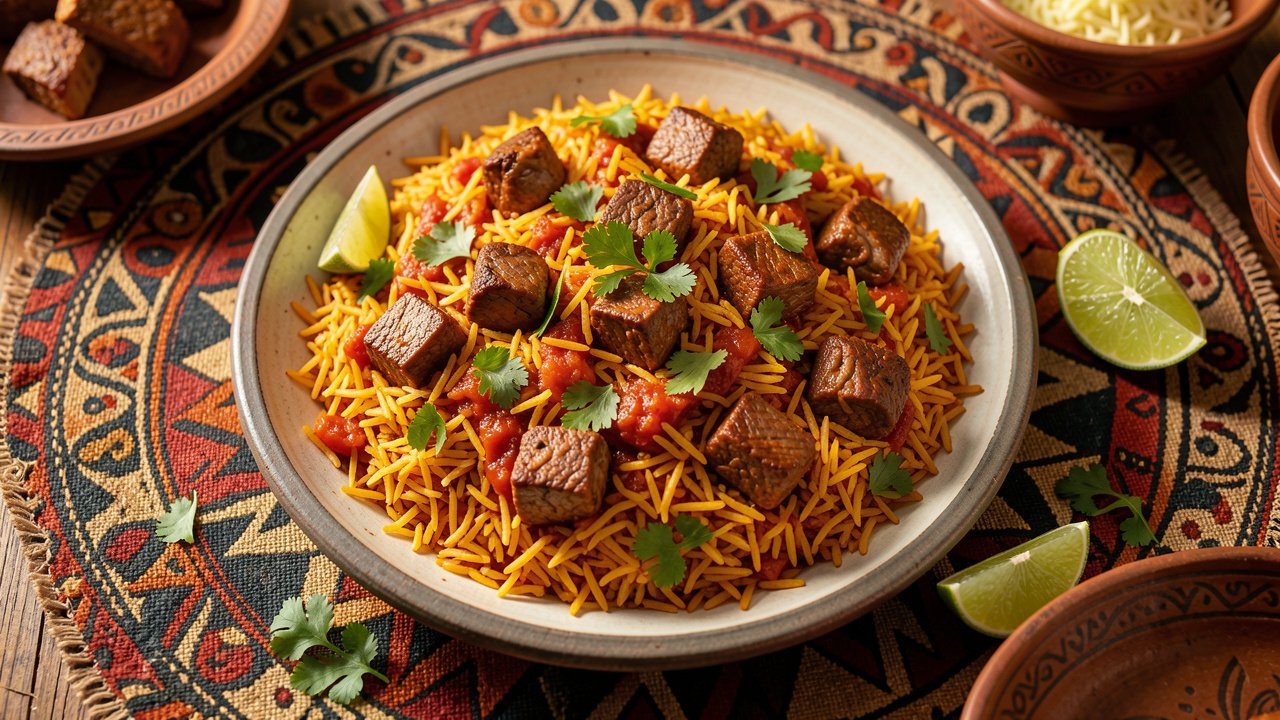 A platter of Djiboutian skoudehkaris, spiced rice with tender lamb, tomato, and fresh cilantro