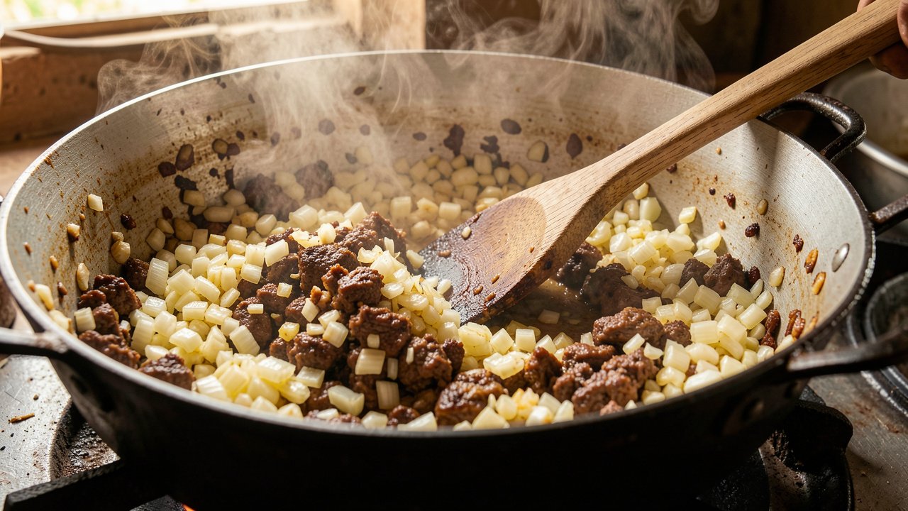 Onions and garlic softening to golden in a heavy pot