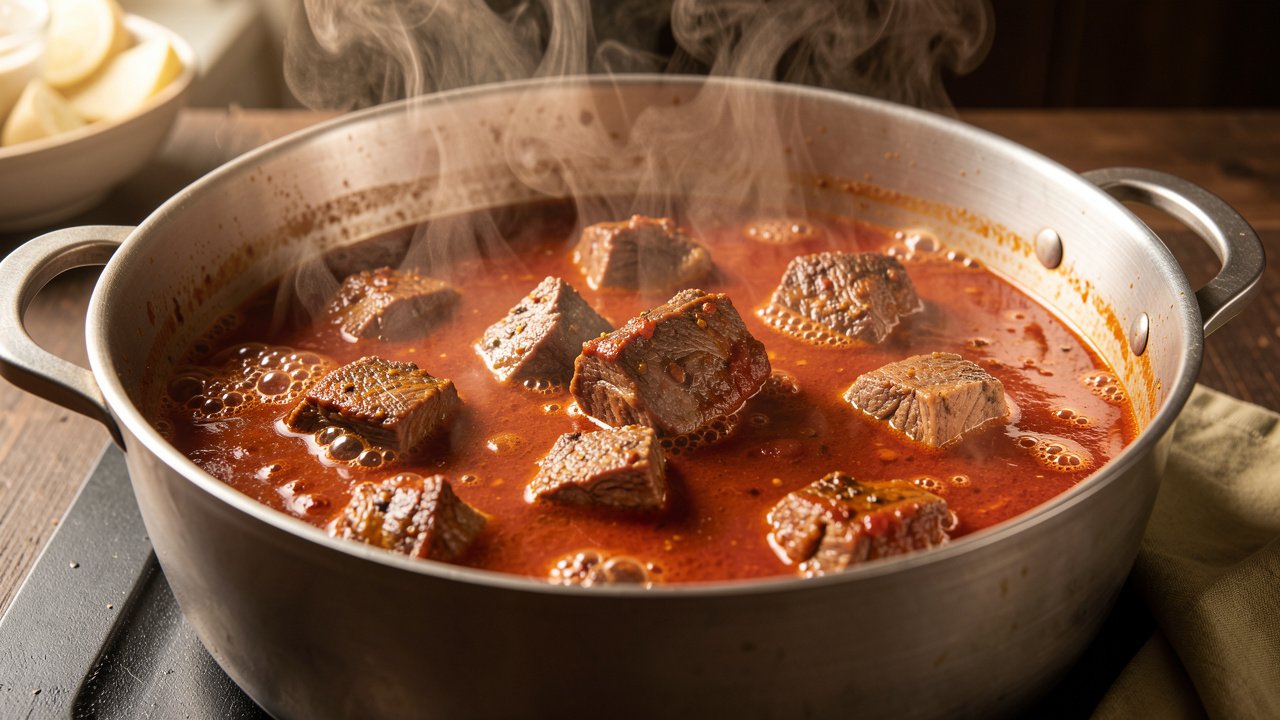 Lamb chunks simmering in a rich spiced tomato broth