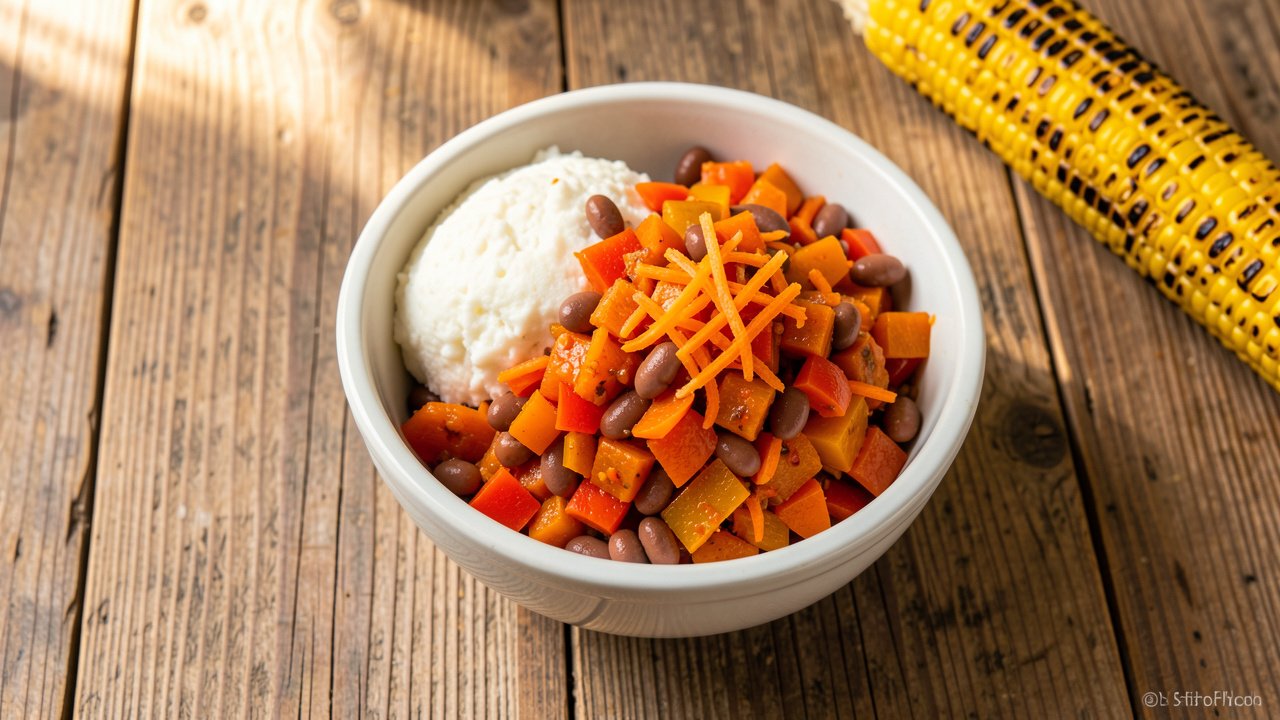 A bowl of spicy South African chakalaka relish served with pap and grilled corn