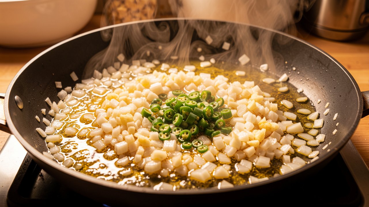 Onion, garlic and ginger softening in oil in a wide pan