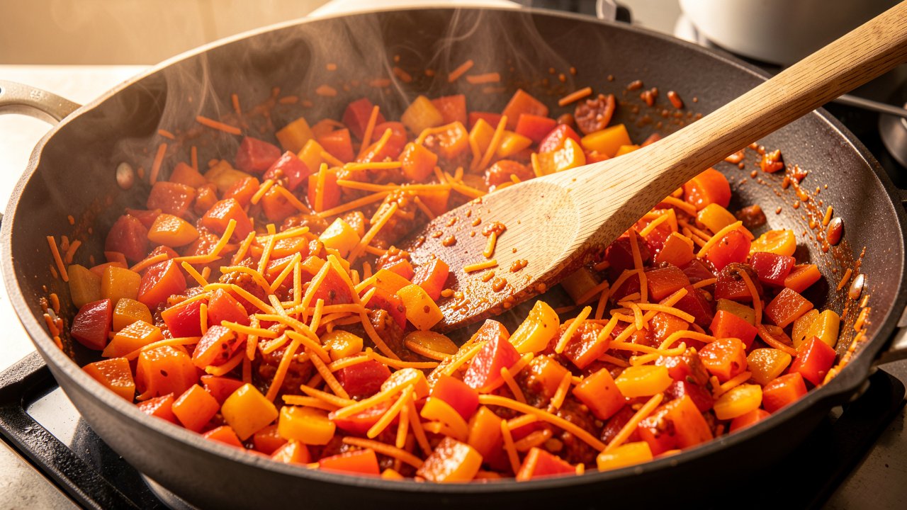 Peppers, carrots and tomatoes cooking down into a thick spiced relish in a pan