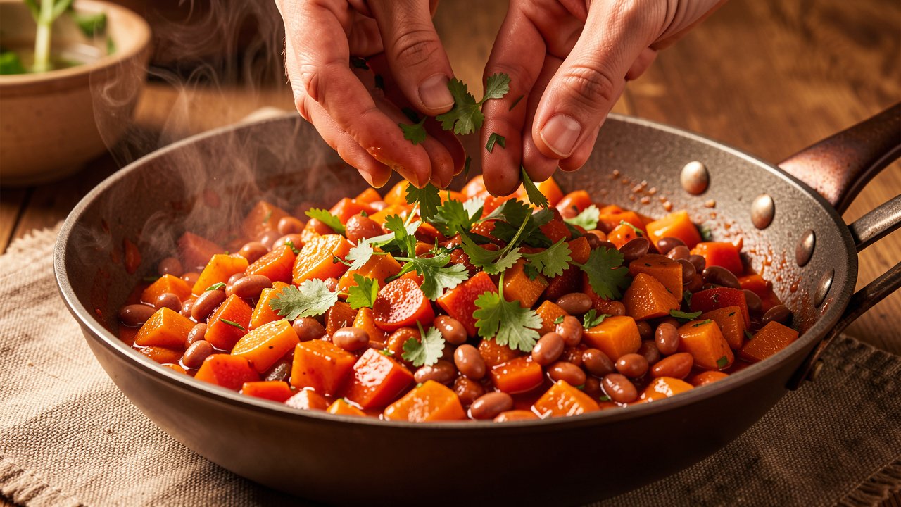 Finished chakalaka relish garnished with fresh cilantro in a pan
