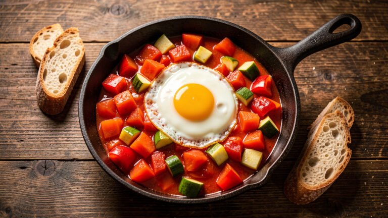 A pan of Spanish pisto manchego topped with a fried egg, served with crusty bread