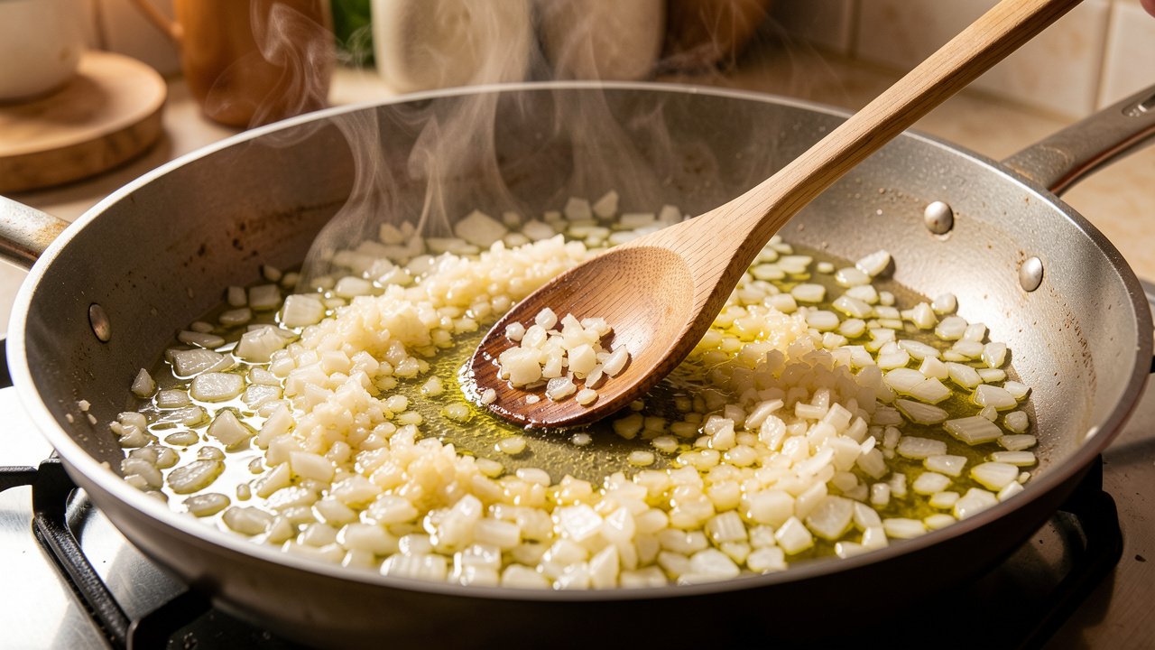 Chopped onion and garlic softening in olive oil to build a sofrito