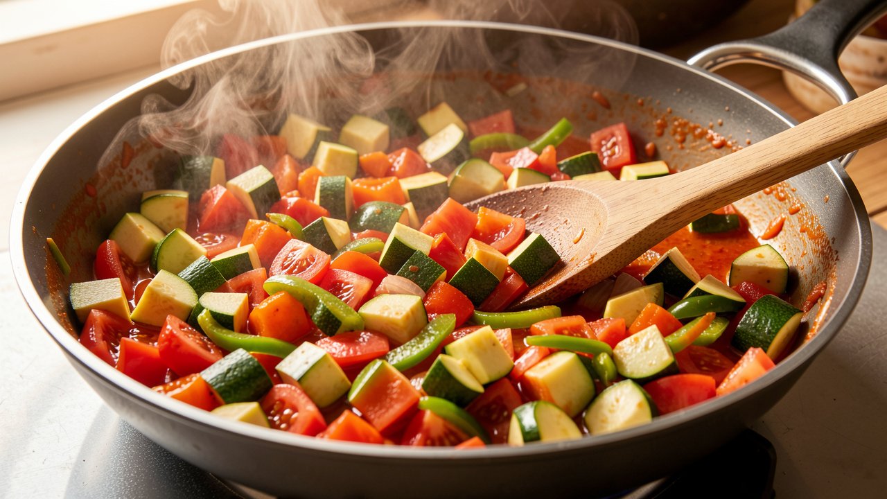 Zucchini and tomatoes added to peppers and onion, starting to simmer into pisto