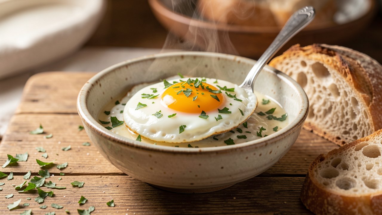 A bowl of pisto topped with a fried egg and parsley, served with bread