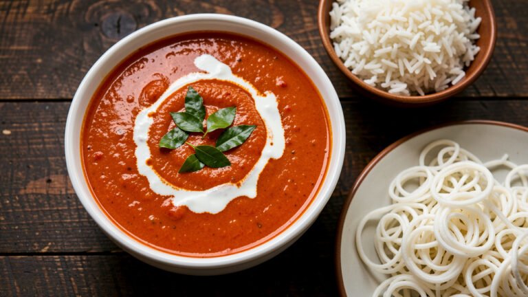 A bowl of creamy Sri Lankan thakkali curry topped with curry leaves, served with rice and string hoppers