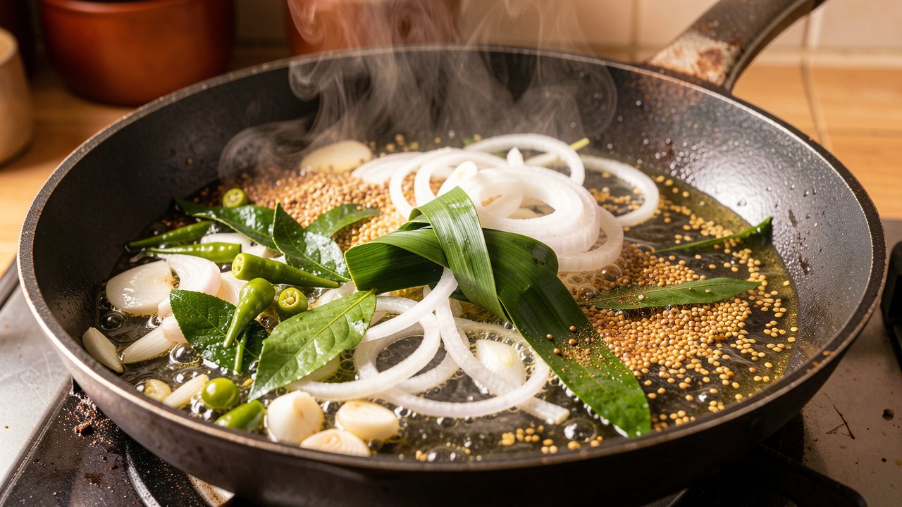 Onion, garlic, curry leaves and pandan tempering in hot coconut oil
