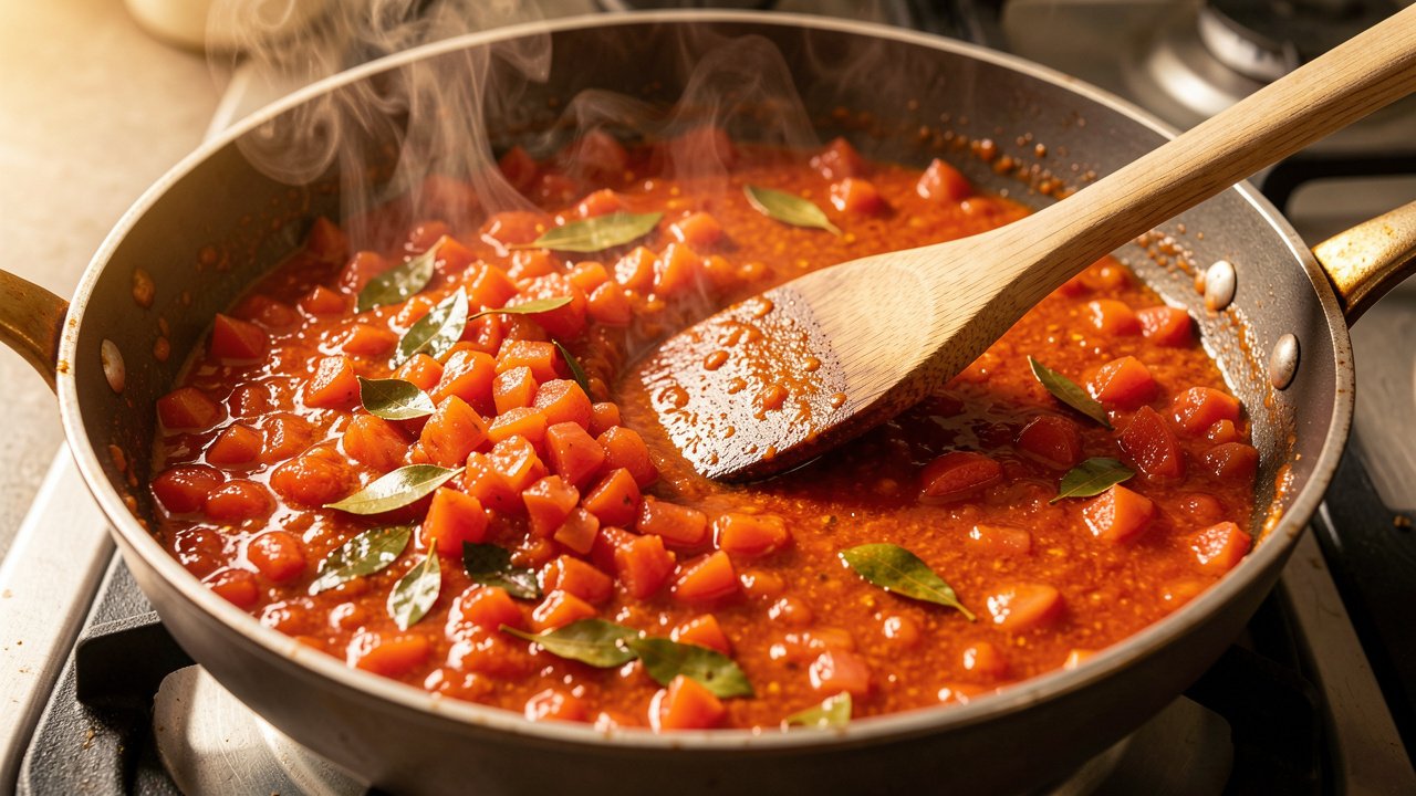 Tomatoes cooking down into a thick jammy spiced base in a pan
