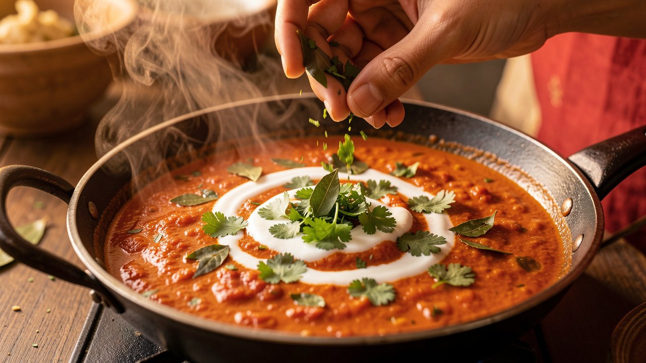 Finished Sri Lankan thakkali curry garnished with cilantro and a swirl of coconut milk