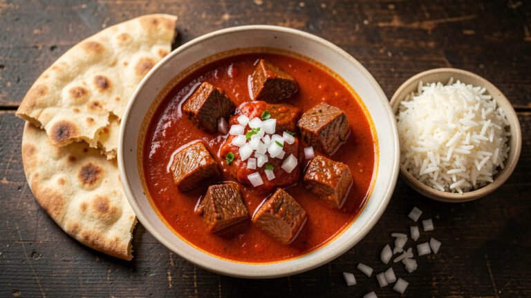 A bowl of Sudanese dama with tender beef in a thick tomato gravy, served with flatbread and rice