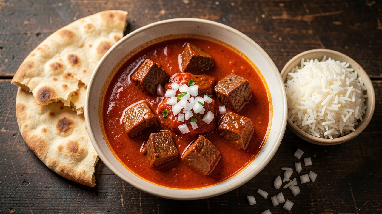 A bowl of Sudanese dama with tender beef in a thick tomato gravy, served with flatbread and rice