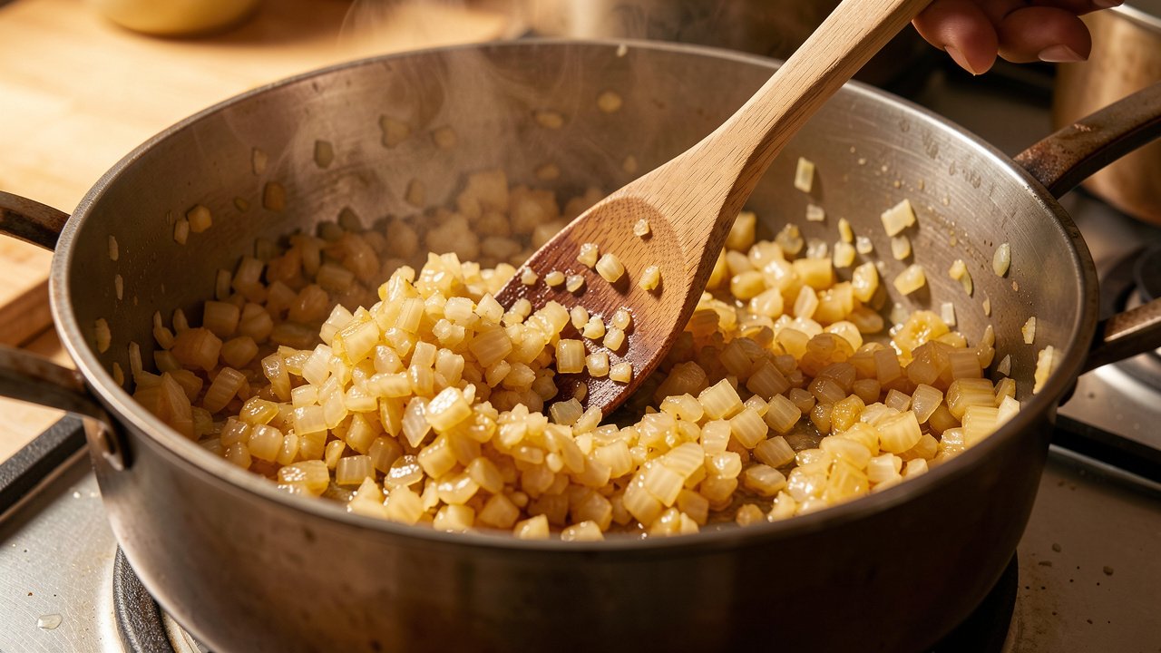 Onions cooking down to golden with garlic in a heavy pot