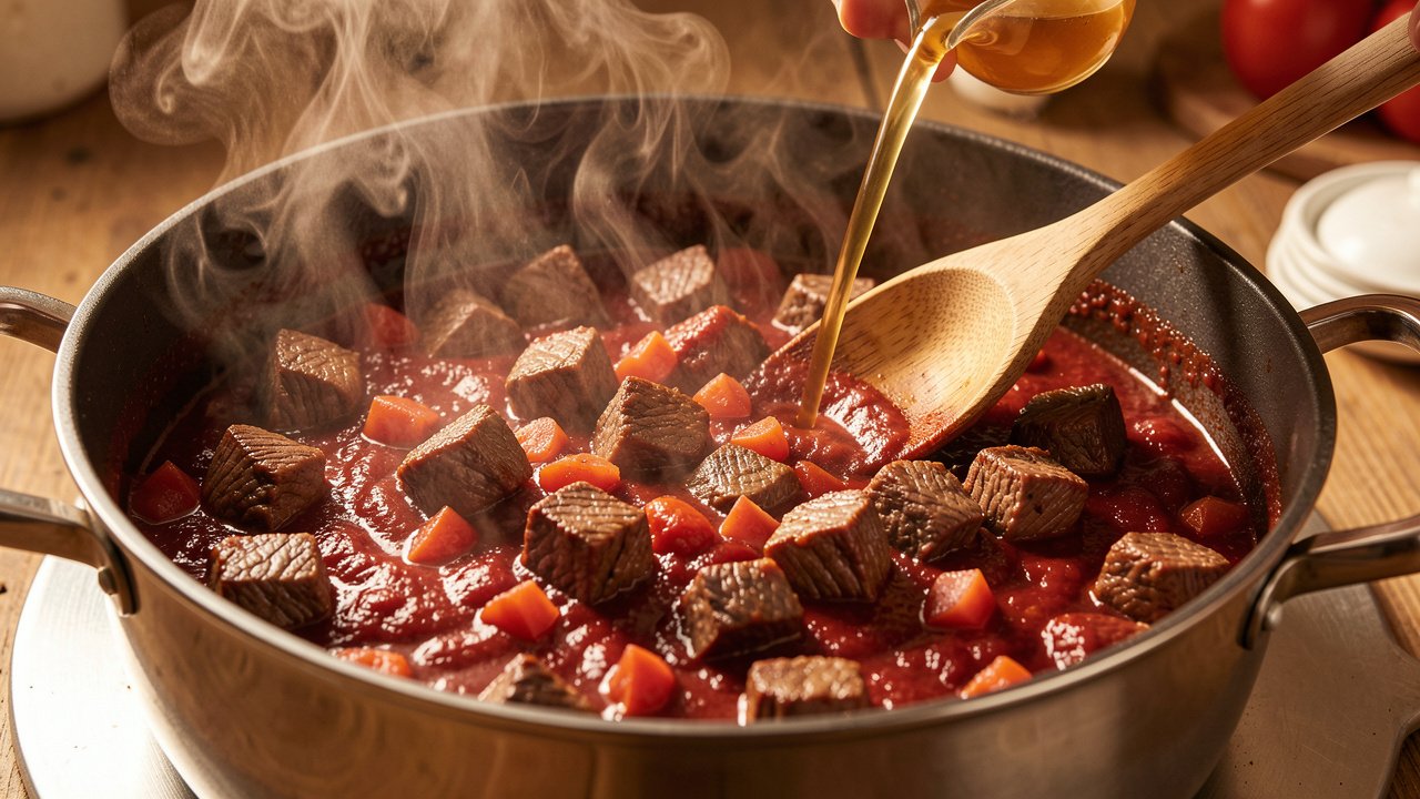 Browned beef returned to a pot with tomato sauce and broth