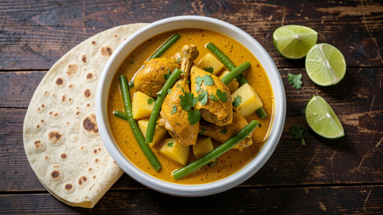 Golden Surinamese chicken curry with potato and long beans served with roti flatbread and lime wedges