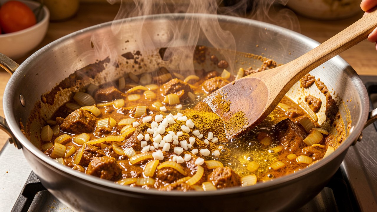 Surinamese masala frying in oil with golden onions, garlic, and ginger