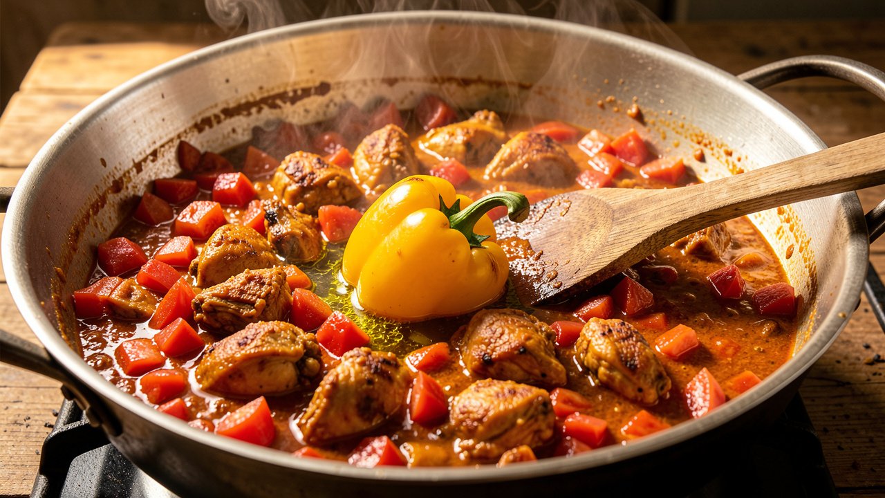 Tomatoes cooking down with chicken into a thick golden masala with a whole pepper