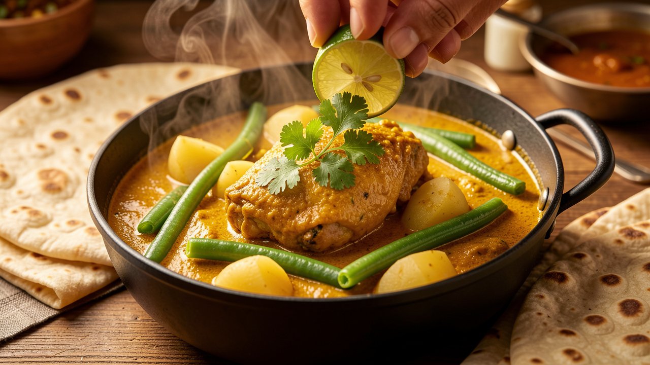 Finished Surinamese chicken curry with long beans garnished with cilantro and lime, roti alongside