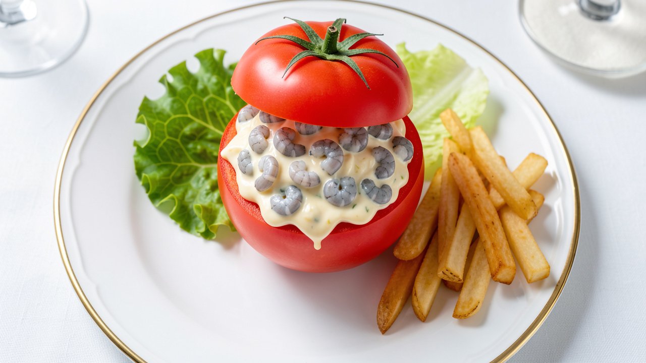 A ripe tomato stuffed with grey shrimp in lemony mayonnaise, topped with its hat and served with lettuce and fries