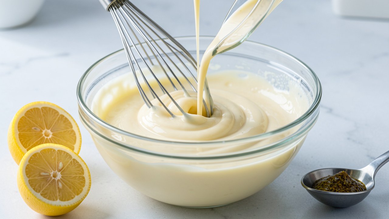 Homemade lemony mayonnaise being whisked in a glass bowl with oil streaming in