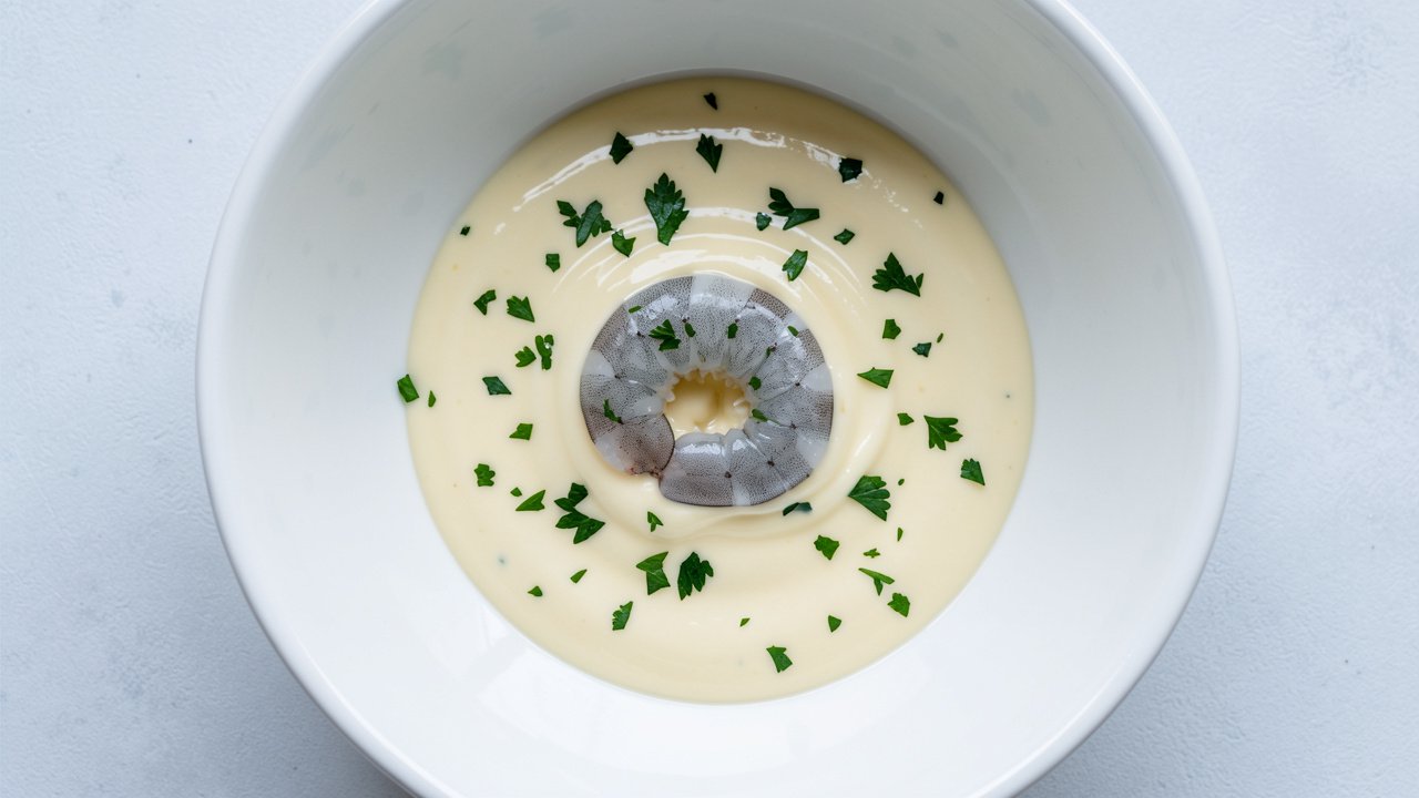 Grey shrimp folded into lemony mayonnaise with parsley in a white bowl