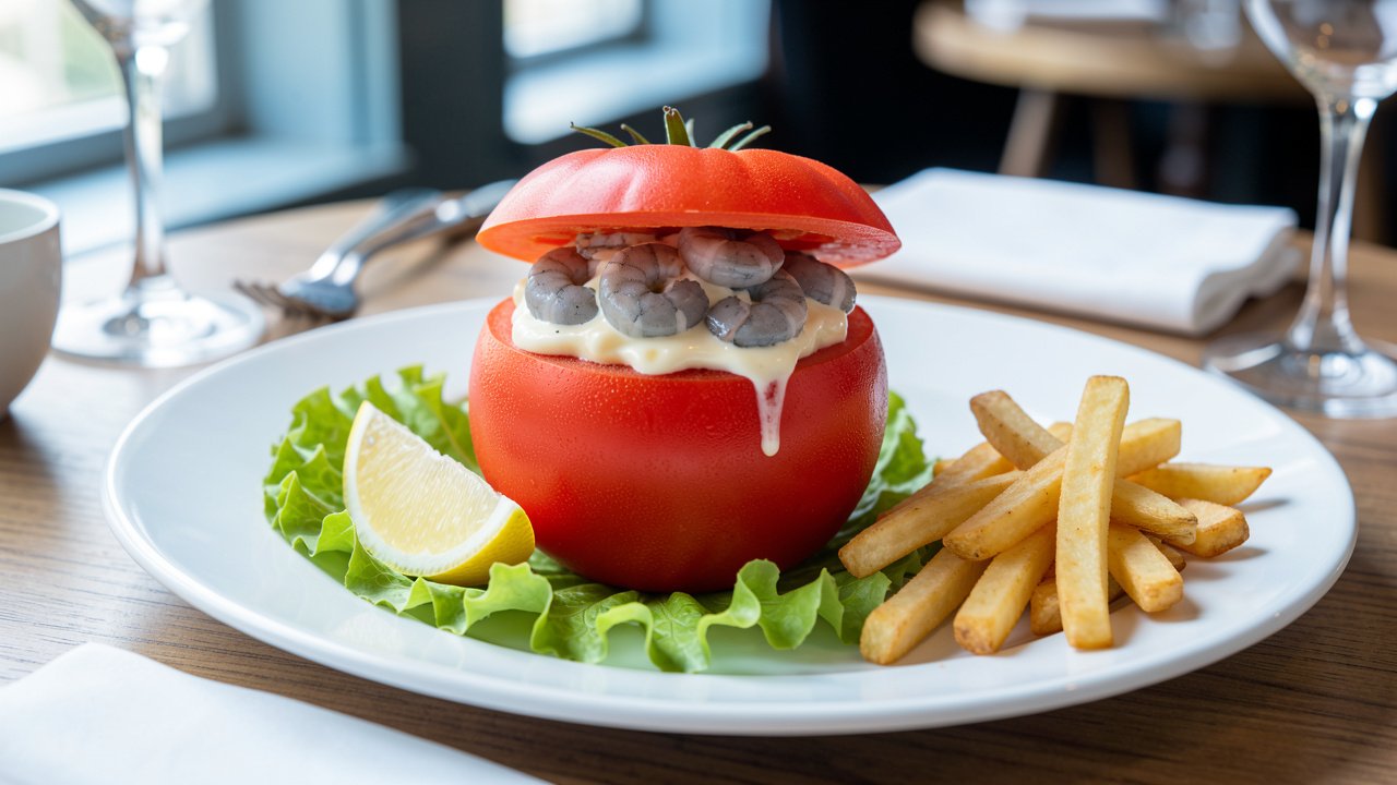 Plated tomate-crevette on a lettuce leaf with a lemon wedge and fries