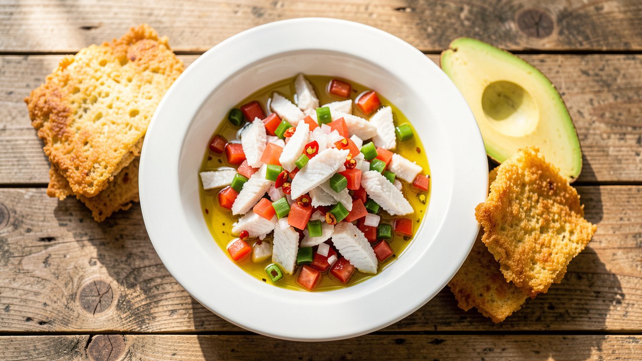 A bowl of Trinidadian buljol with flaked saltfish, tomato, onion and pepper, served with bake and avocado