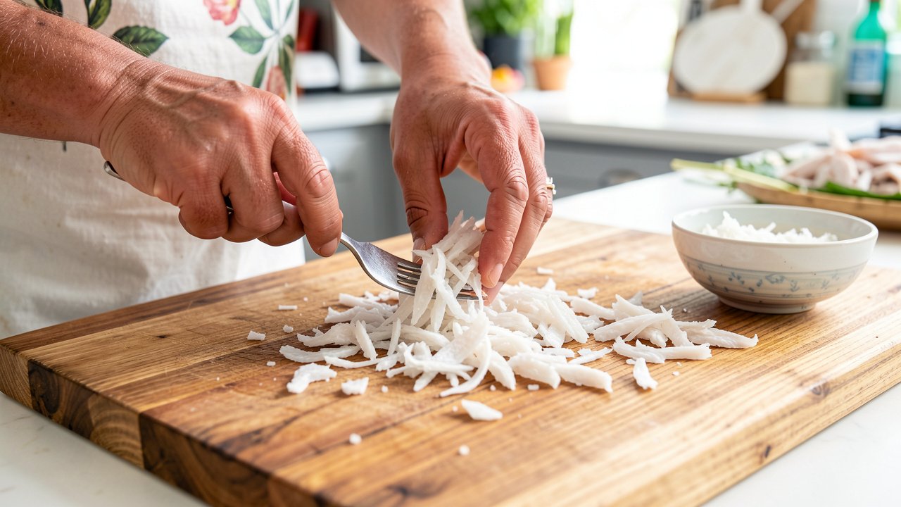 Hands flaking de-salted saltfish into fine shreds with a fork