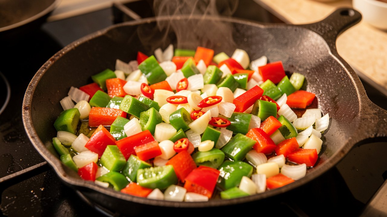 Diced onion, pepper, garlic and chili warmed briefly in olive oil in a pan