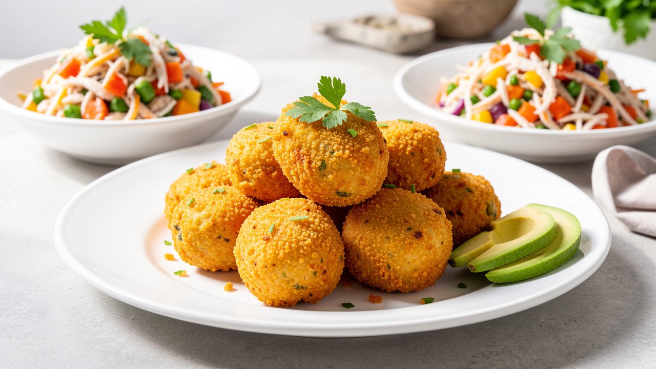 Finished buljol served on fried bake with sliced avocado