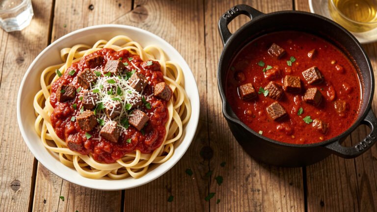 A bowl of pasta topped with rich Uruguayan tuco, tender beef in tomato sauce, grated cheese and parsley