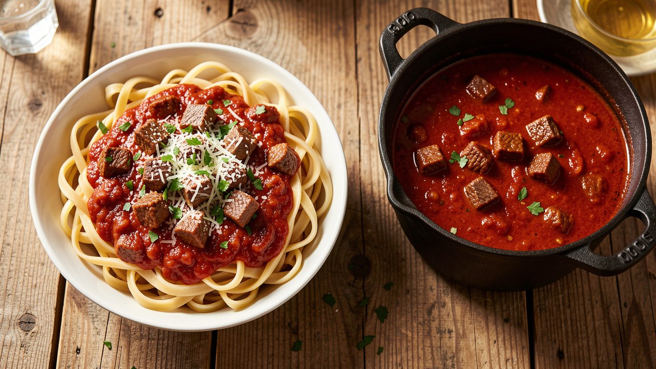 A bowl of pasta topped with rich Uruguayan tuco, tender beef in tomato sauce, grated cheese and parsley