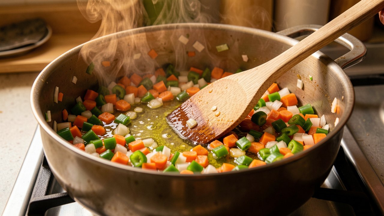 Diced onion, carrot, and bell pepper softening into a sofrito in a heavy pot