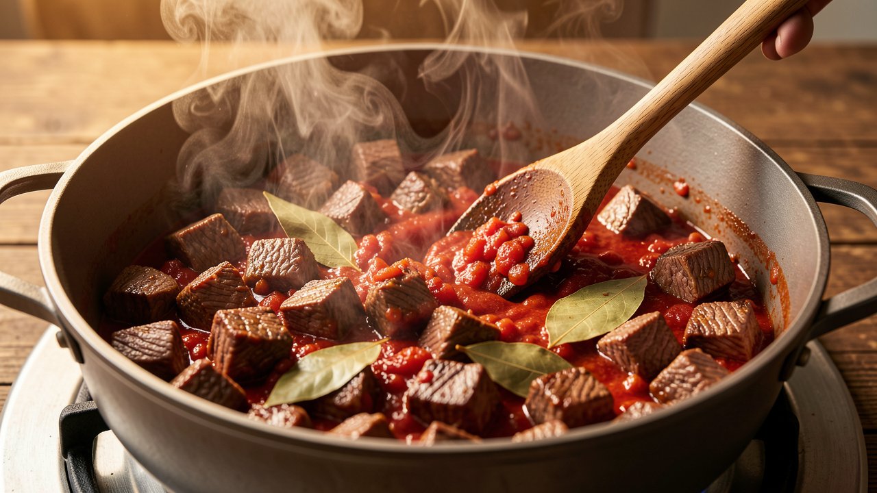 Browned beef and crushed tomatoes stirred together with bay leaves in a heavy pot