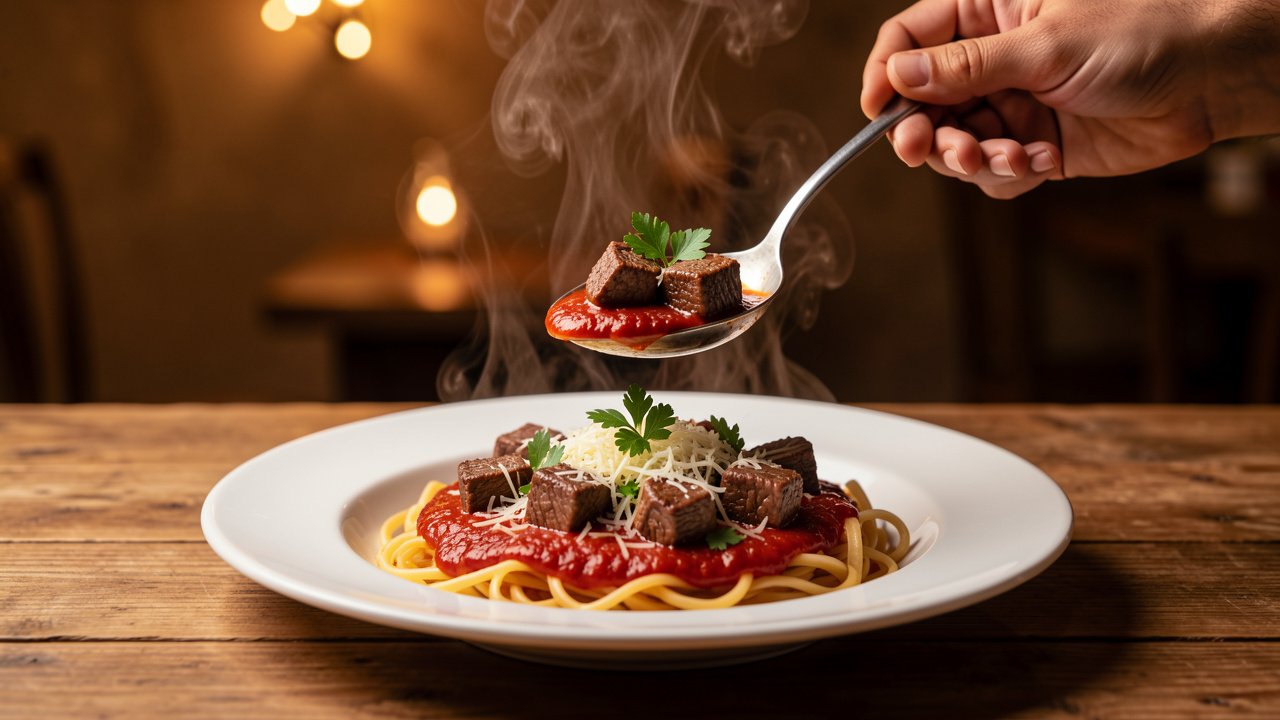 Uruguayan tuco ladled over pasta and topped with parsley and grated cheese