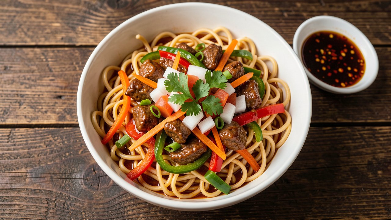 A bowl of Uzbek lagman with wheat noodles under a brothy lamb and tomato sauce topped with cilantro