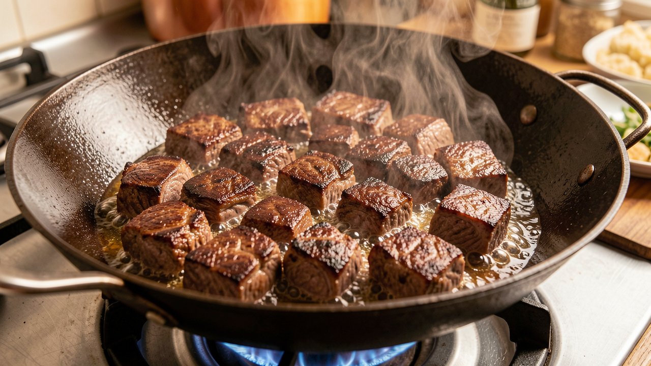 Cubes of lamb searing to a deep brown crust in a hot wok