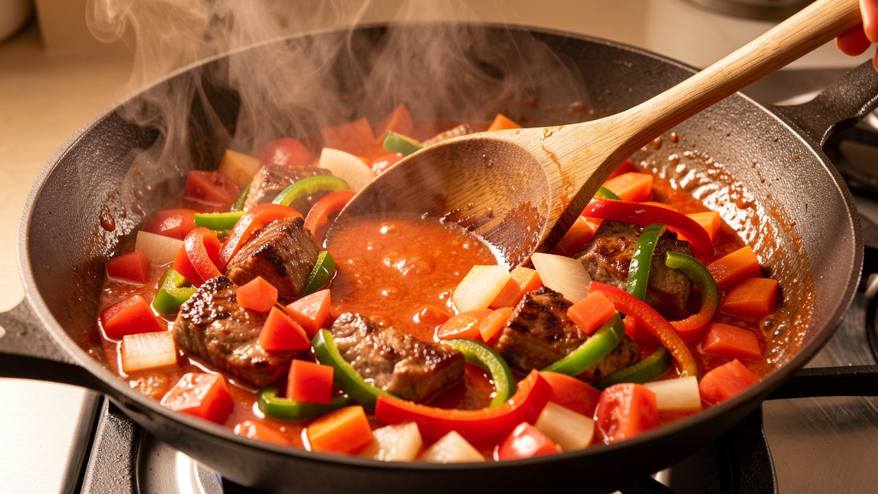 Tomatoes and bell peppers cooking down with meat and vegetables into a glossy sauce
