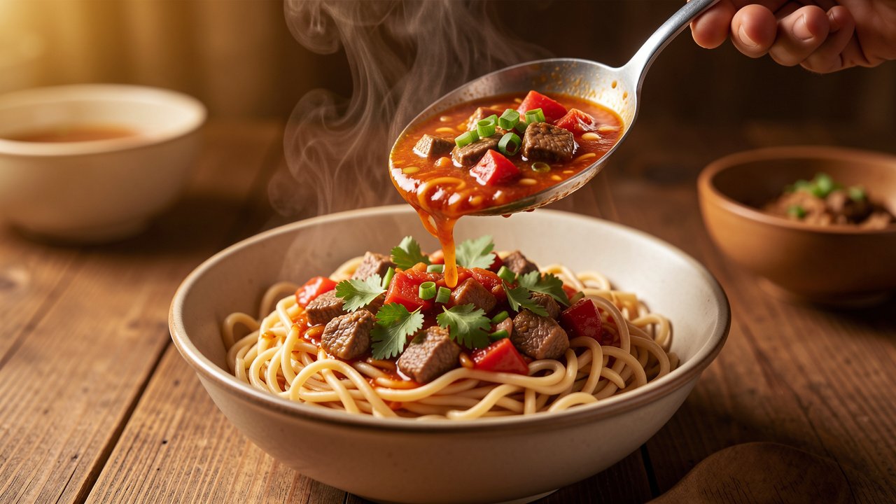 Brothy lagman sauce being ladled over a bowl of wheat noodles topped with herbs