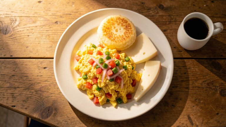 A plate of Venezuelan perico scrambled eggs with tomato and sweet pepper, served with arepas and cheese