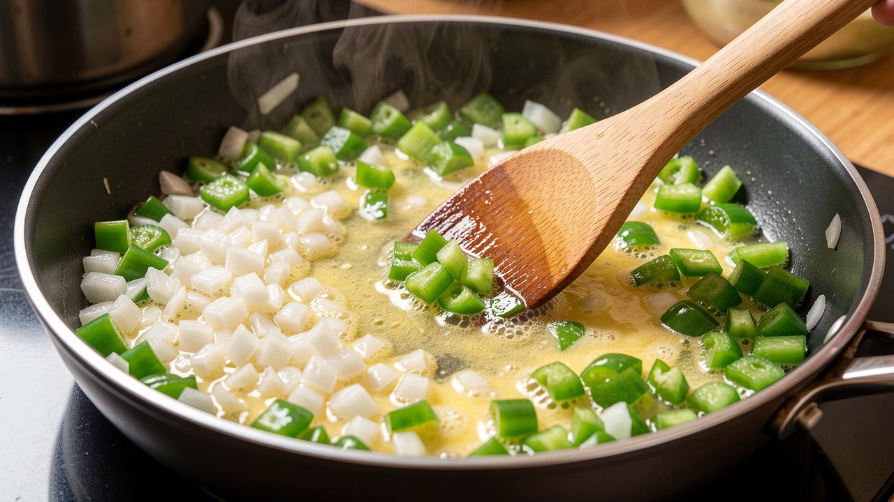 Chopped onion and green bell pepper softening in butter in a skillet