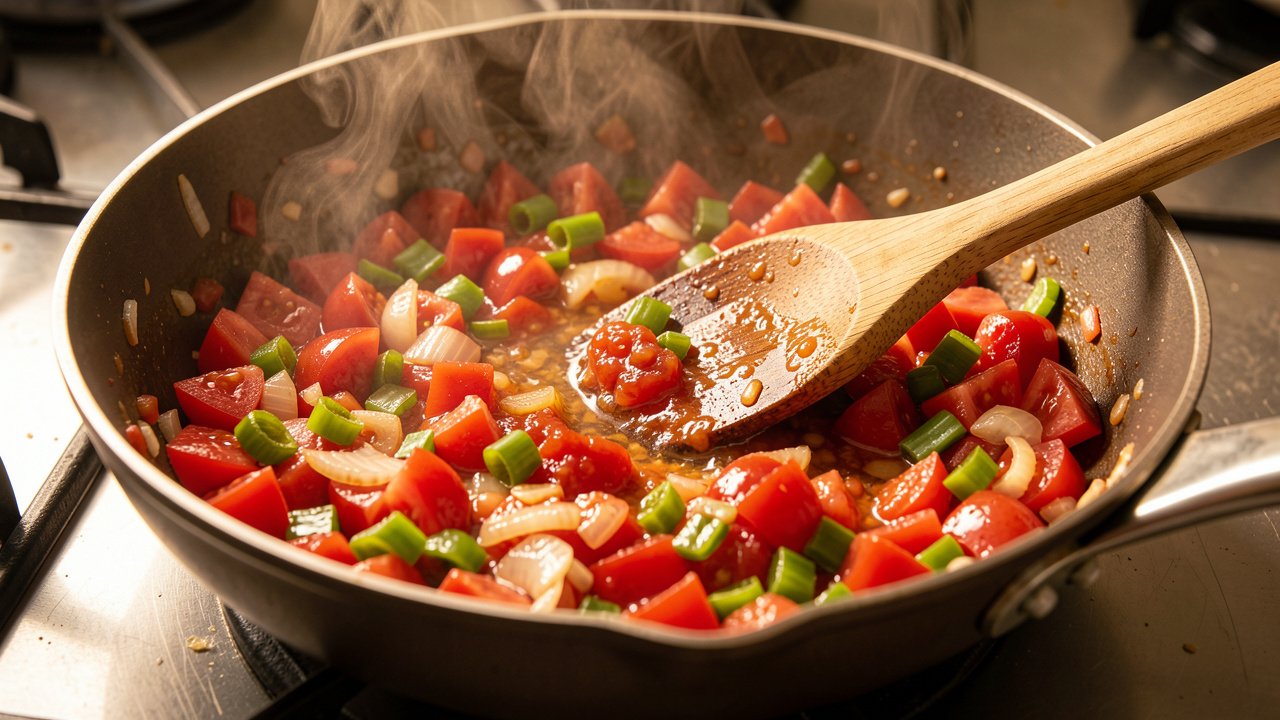 Tomatoes cooking down with onion and pepper into a soft jammy base in a skillet
