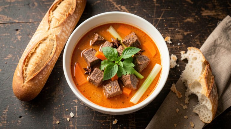 A bowl of Vietnamese bo kho beef stew with carrots and star anise, served with crusty baguette