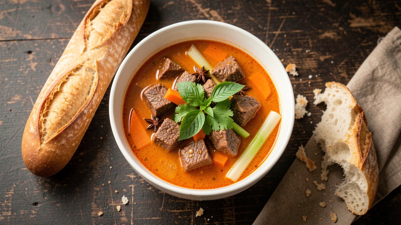A bowl of Vietnamese bo kho beef stew with carrots and star anise, served with crusty baguette