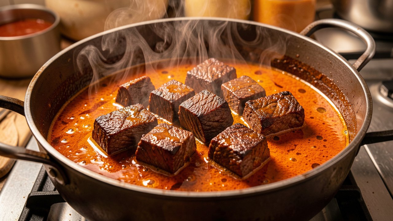 Halal beef cubes searing in annatto oil in a heavy pot