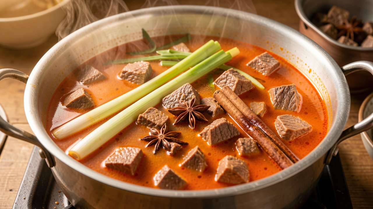 Bo kho broth simmering with beef, lemongrass, star anise, and cinnamon
