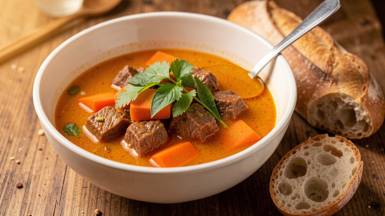 Finished bo kho in a bowl with cilantro, served with crusty baguette